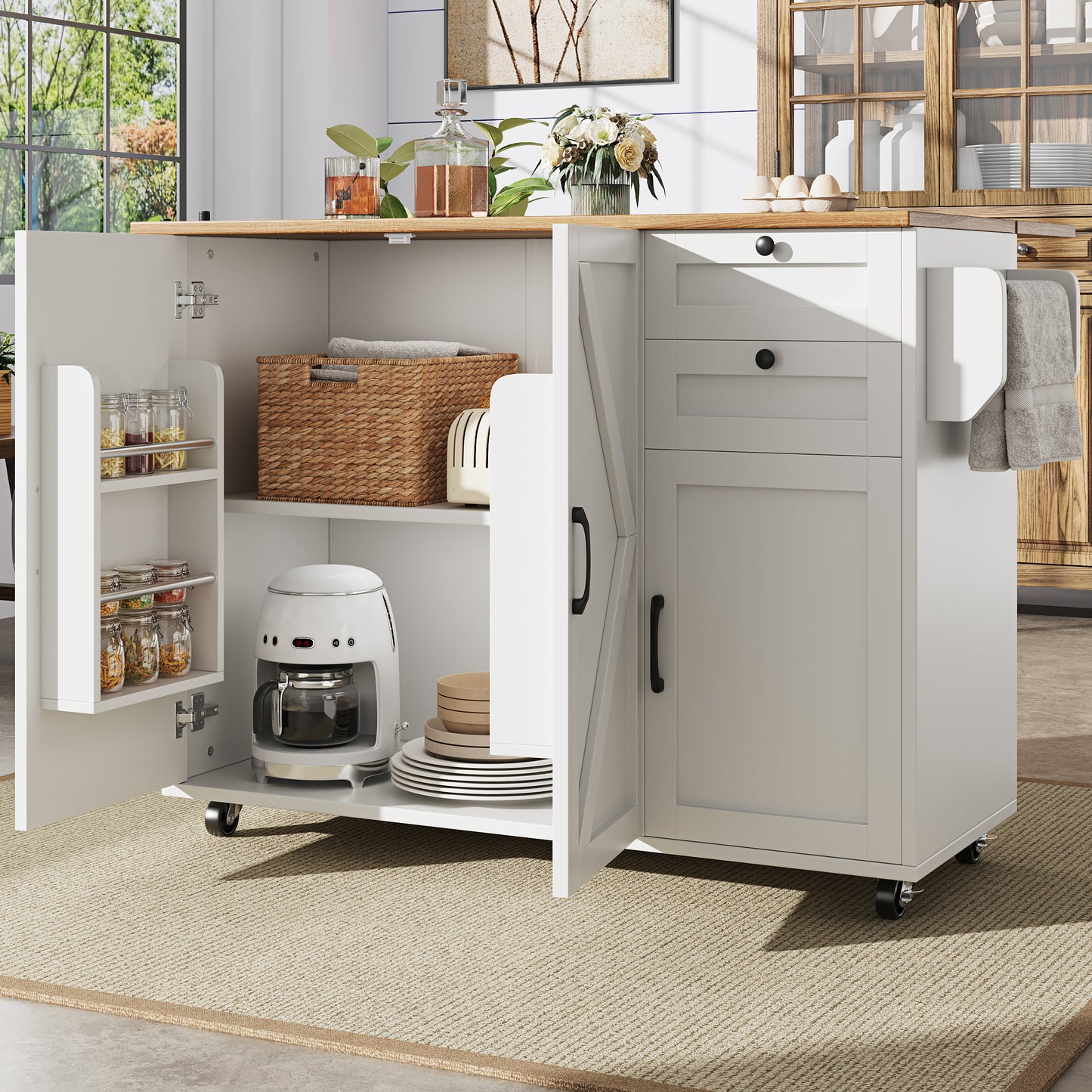 Modern Kitchen Island, Kitchen Cabinet, Buffet Cabinet, Wooden Grain Dining Cart, Buffet Cabinet, Multifunctional Dining Table With Storage Space, Dining Cart With Snack Shelves, White