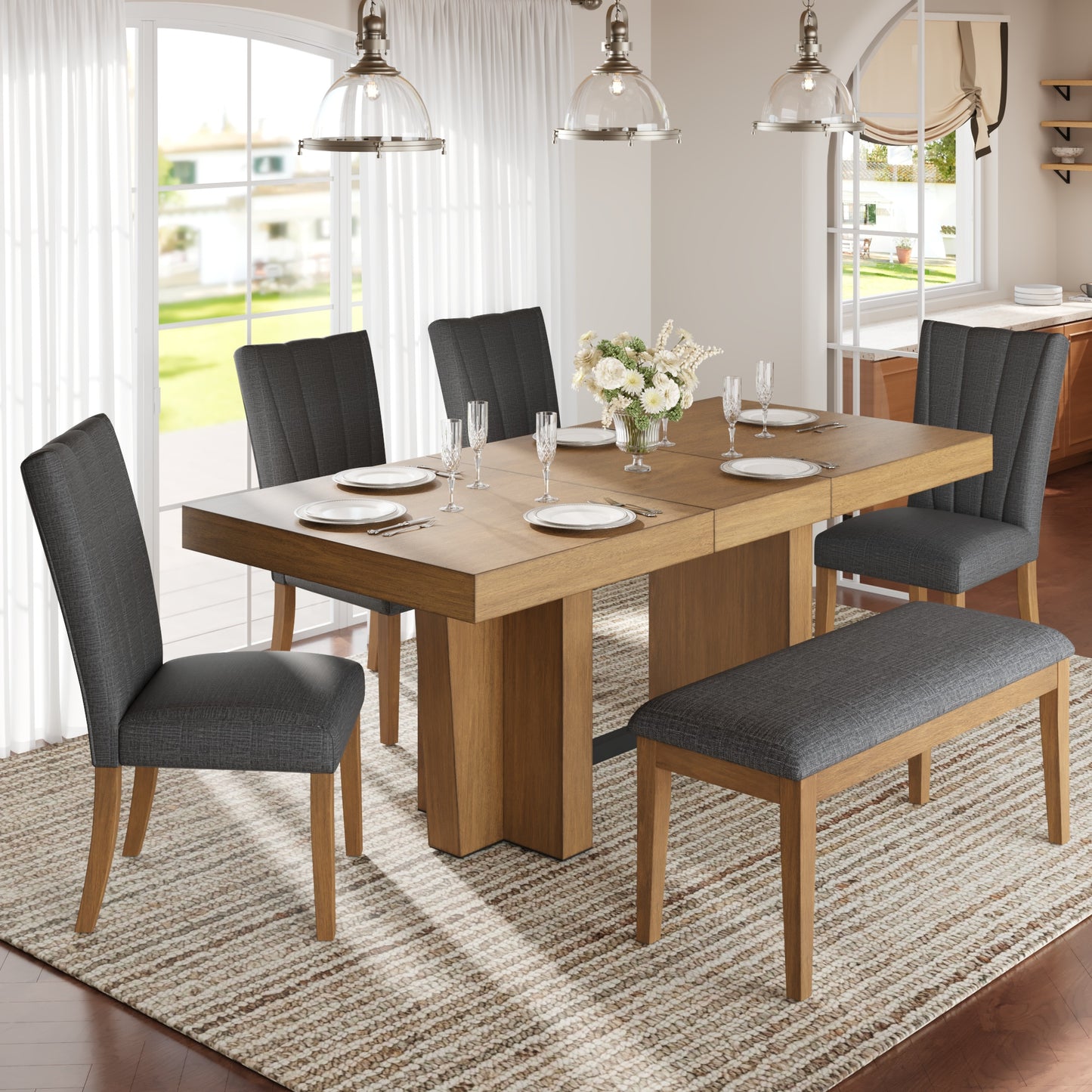 TOPMAX Farmhouse 78.1inch Extendable Wood Dining Table Set For 6, Kitchen Table Set With Bench And 4 Upholstered Chairs,3.8inch Thick Tabletop And Trestle Legs For Kitchen, Dining Room, Brown Gray