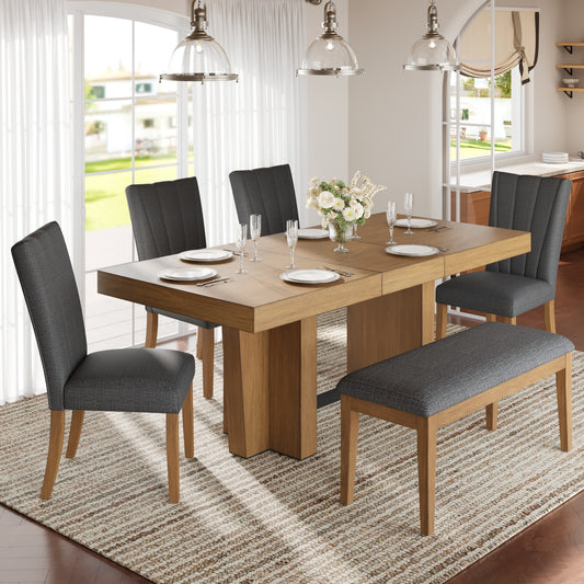 TOPMAX Farmhouse 78.1inch Extendable Wood Dining Table Set For 6, Kitchen Table Set With Bench And 4 Upholstered Chairs,3.8inch Thick Tabletop And Trestle Legs For Kitchen, Dining Room, Brown Gray