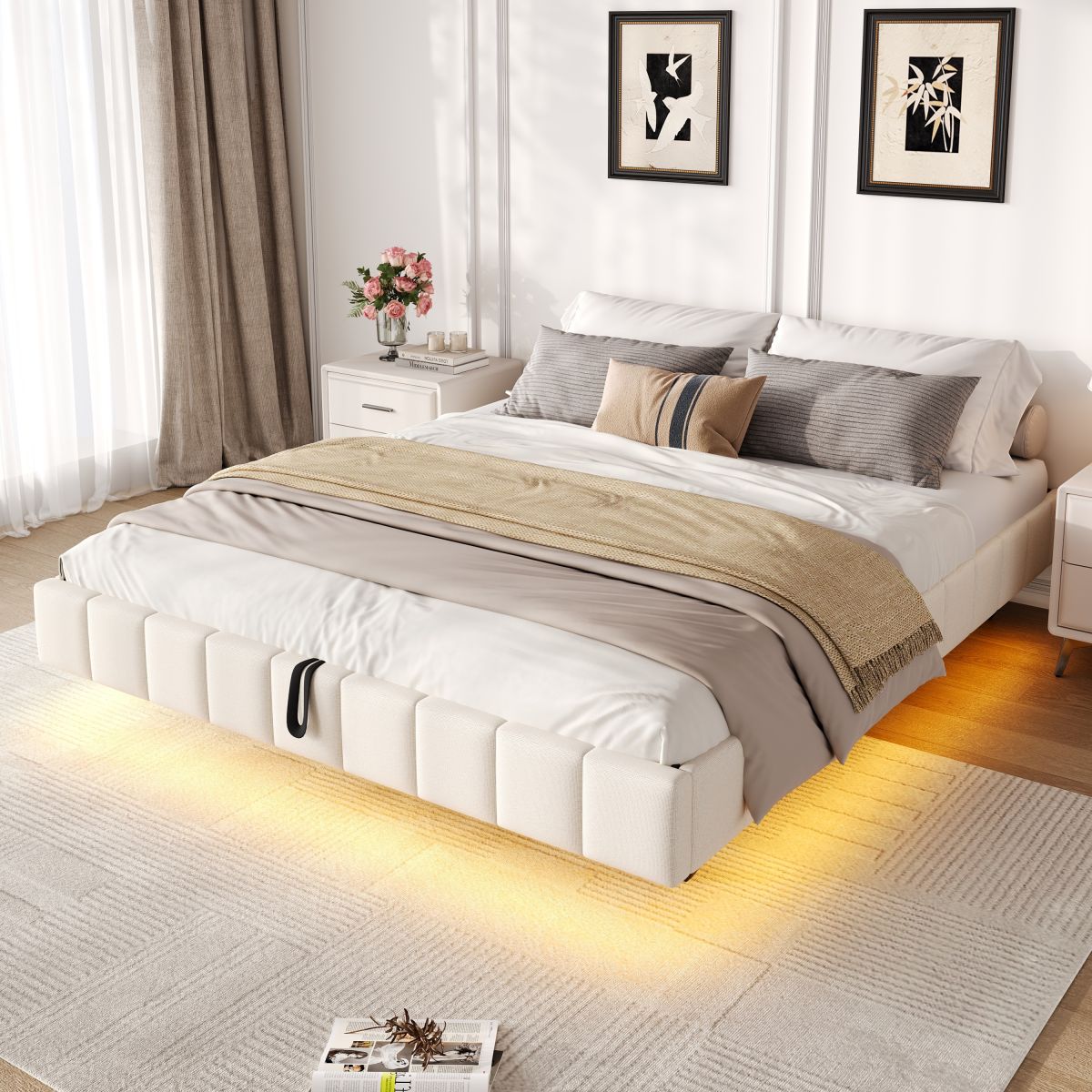4ft6 Double Floating Bed Frame With Hydraulic Under-bed Storage & Smart RGB LED Lights, No Headboard Upholstered Bed With Concealed Anti-Collision Leg, Linen Fabric, Beige  No Mattress
