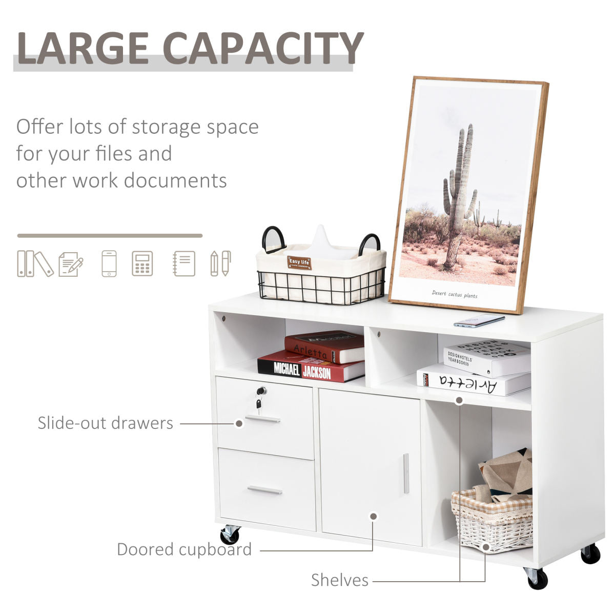 Printer Stand Home Office Mobile Storage Cabinet Organizer Desktop With Caster Wheels, 2 Locking Breaks And Drawer, White
