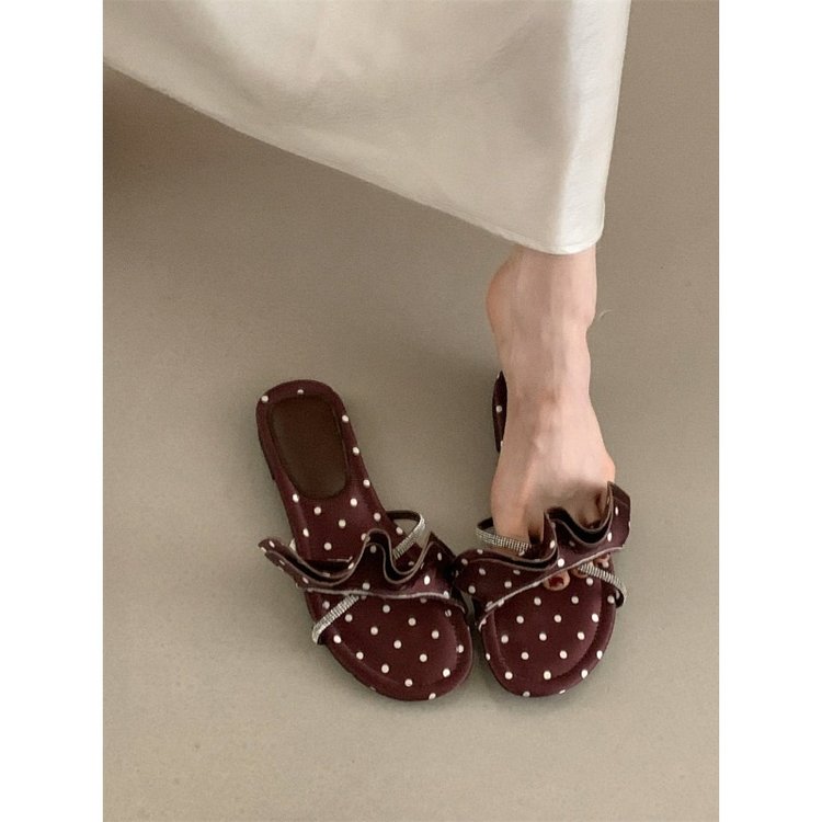 Wave Dot Straight Drag Women's Summer Outdoor Wear Flat Bottomed Rhinestone Thick Bottomed Beach Sandals Vacation Style