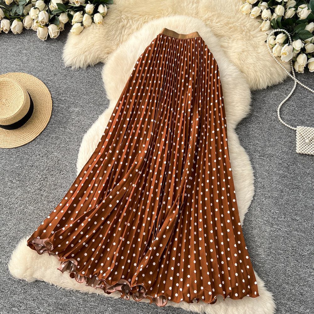 Korean-style Mid-length Polka-dot Pleated Skirt Elegant Midi Skirt