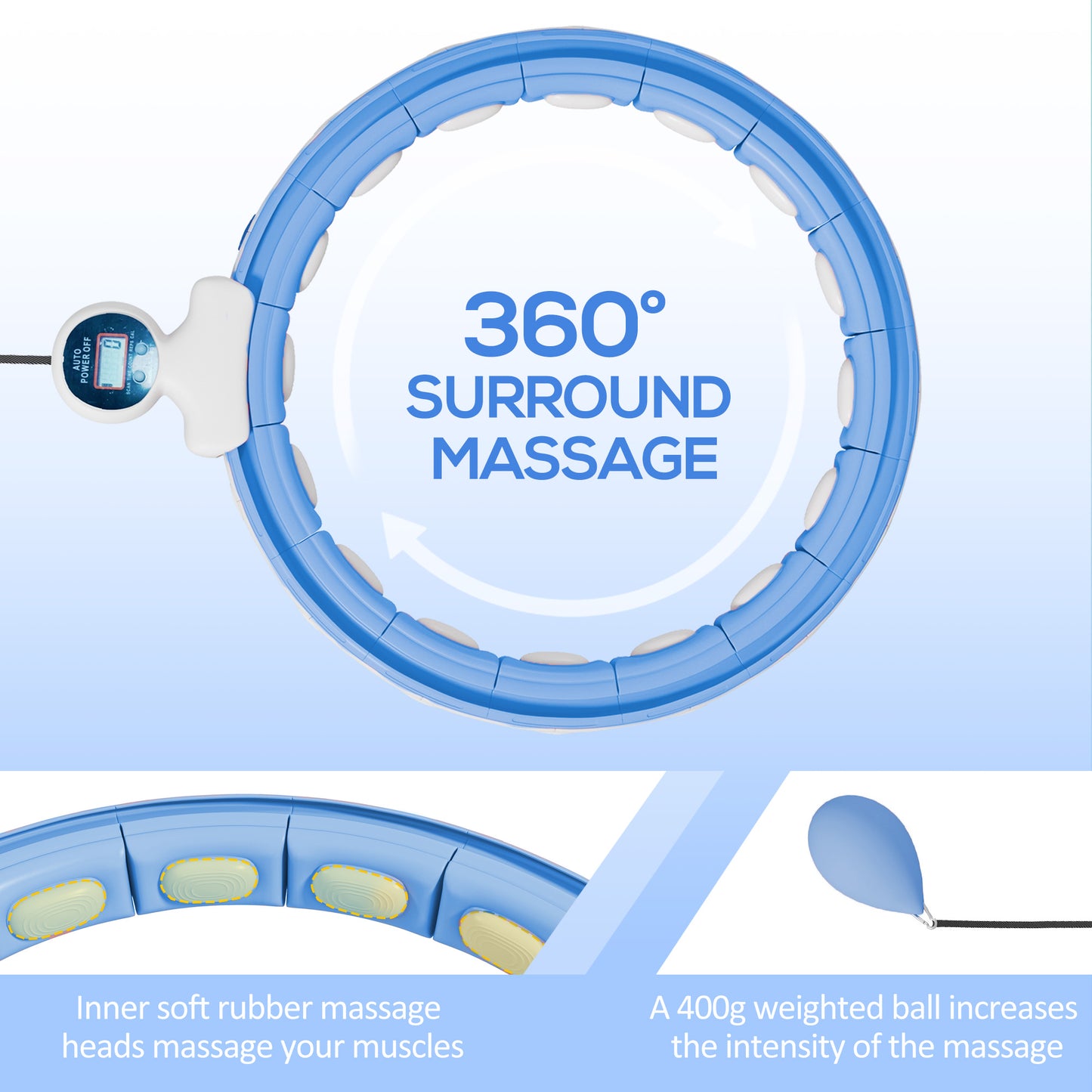 SPORTNOW Smart Weighted Hula Hoop, Massage Hula Ring W16  Detachable Knots, 360Auto-Rotating Ball, Digital Counter Light Blue