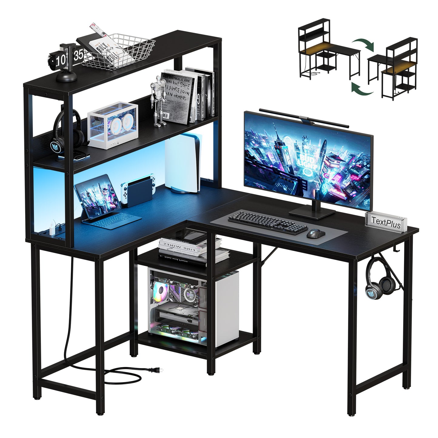 L-shaped Gaming Table, Flip-up Computer Desk With Power Socket And LED Lights, Equipped With Storage Shelves And Hooks