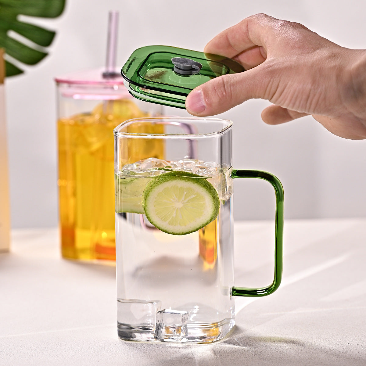 1 Pcs Blue Glass Straw Cup, 4 Colors Square Glass Cup With Straw And Lid, High Borosilicate Glass Cup, Milk Cup, Juice Cup, Cold Drink Cup, Coffee Cup, Tea Cup, Office Cup, Gift Cup