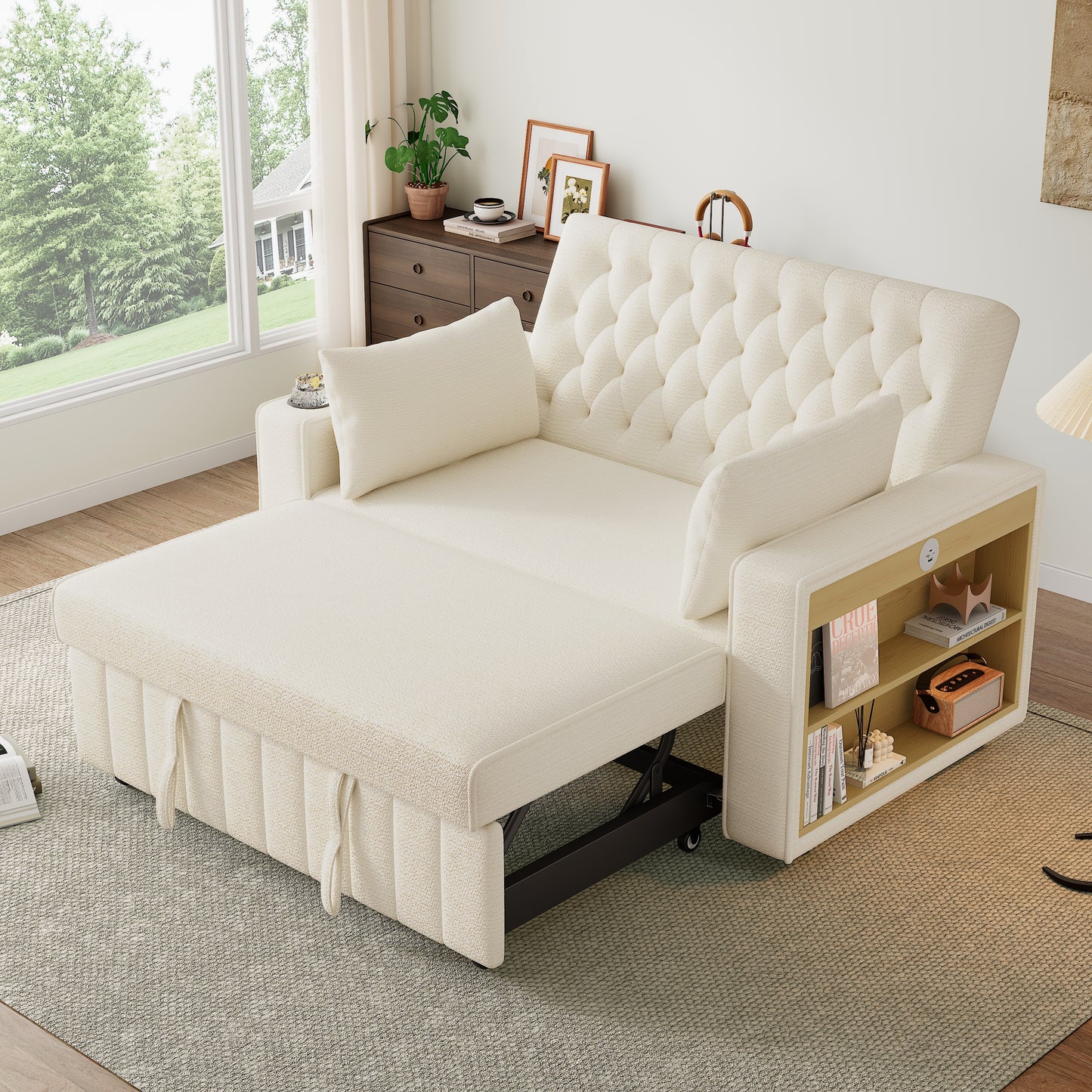 Multifunctional Sofa Bed, Modern Folding Sofa With Storage And Sleeping Function, Cup Holder, USB Charging Port And Pillows, Space-Saving Couch For Living Room, Bedroom And Guest Room, Beige