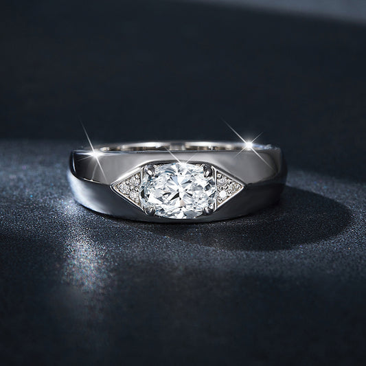 S925 Sterling Silver 1ct Marquise Moissanite Men's Ring, Wide Band With Pave Accents, Platinum Plated, US Sizes 5-9, GRA Certificate Gift Box