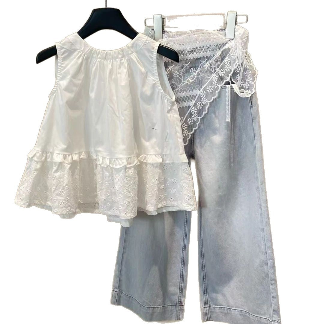 Girls Western-style Korean-style Shirt And Denim Pants Two-piece Set