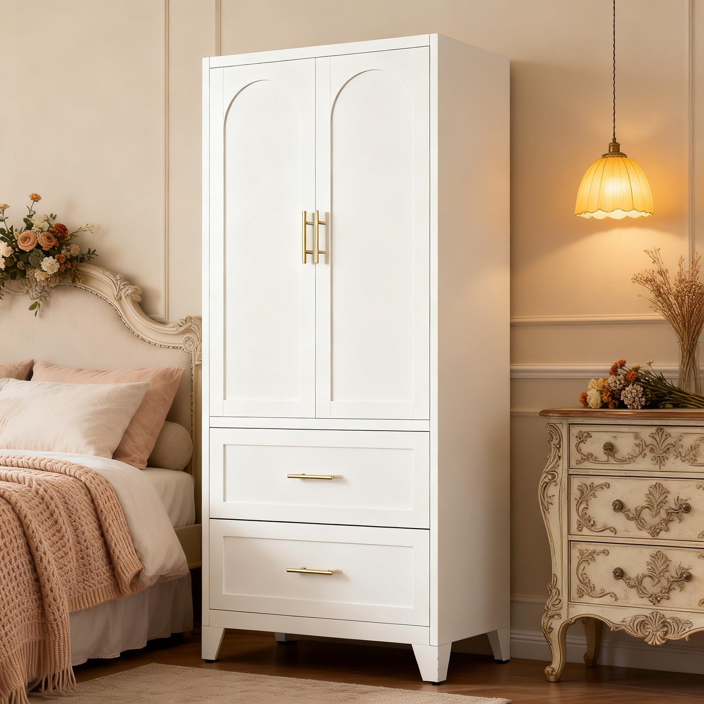 71 Tall Metal Wardrobe Cabinet With 2 Drawers And Hanging Rod, 2 Doors Wardrobe Closet With Shelf For Bedroom, Office, Laundry Room,Entryway ,Foyer,Guesthouse  White