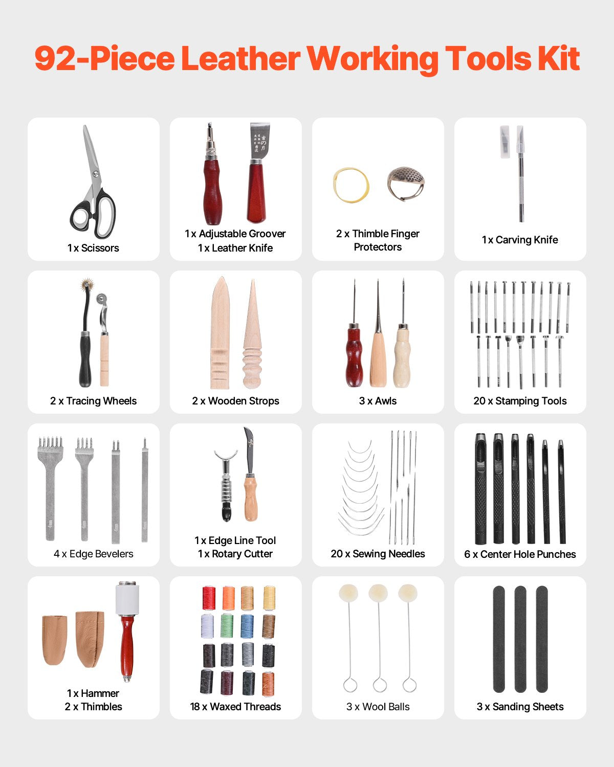 Leather Working Tools Kit, 92 PCS Leather Craft Tools With Portable Leather Storage Bag, Engraving Punching Sewing Stamping Sanding Tools, Ideal For Beginners DIY Enthusiasts And Professionals