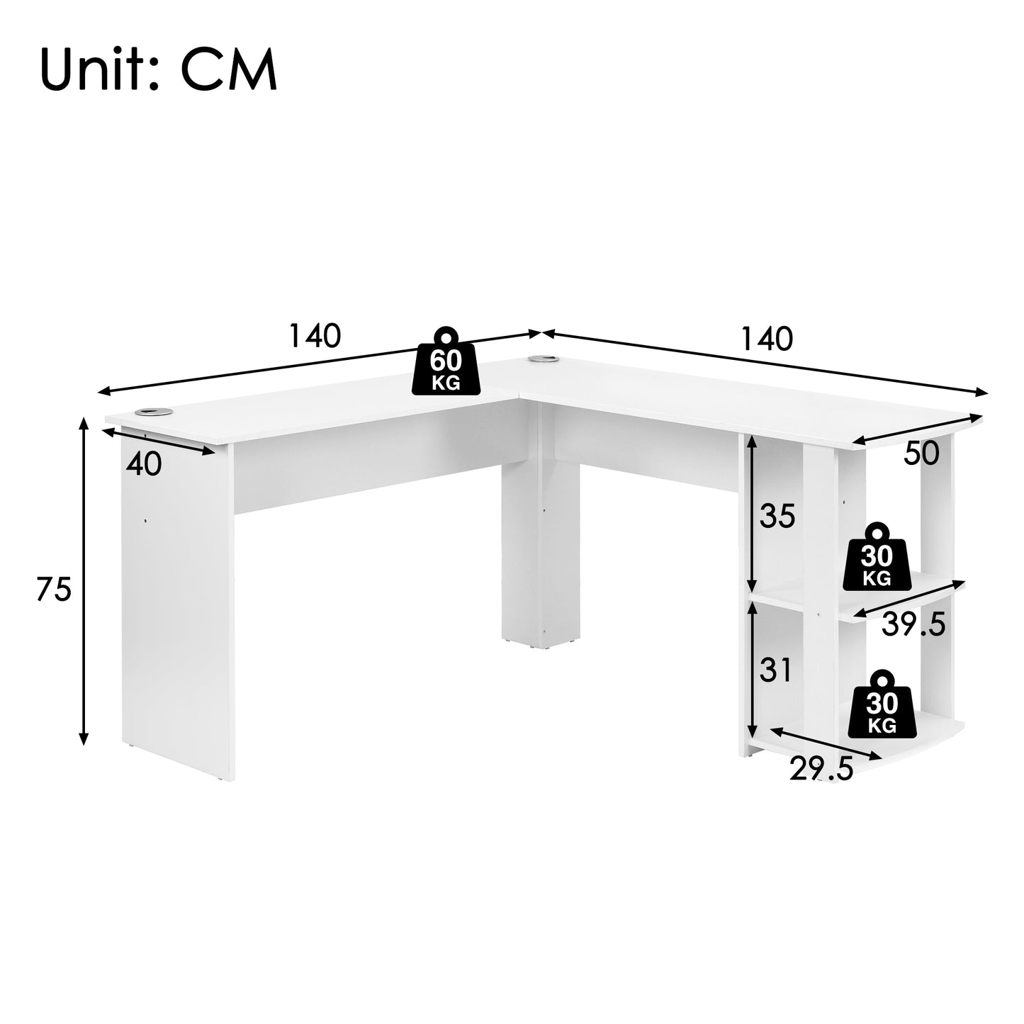 WF314182AAA Corner Desk 140 CM Computer Desk Desk, L-shaped Corner Desk With 2 Shelves, H75 W140 L140 CM White
