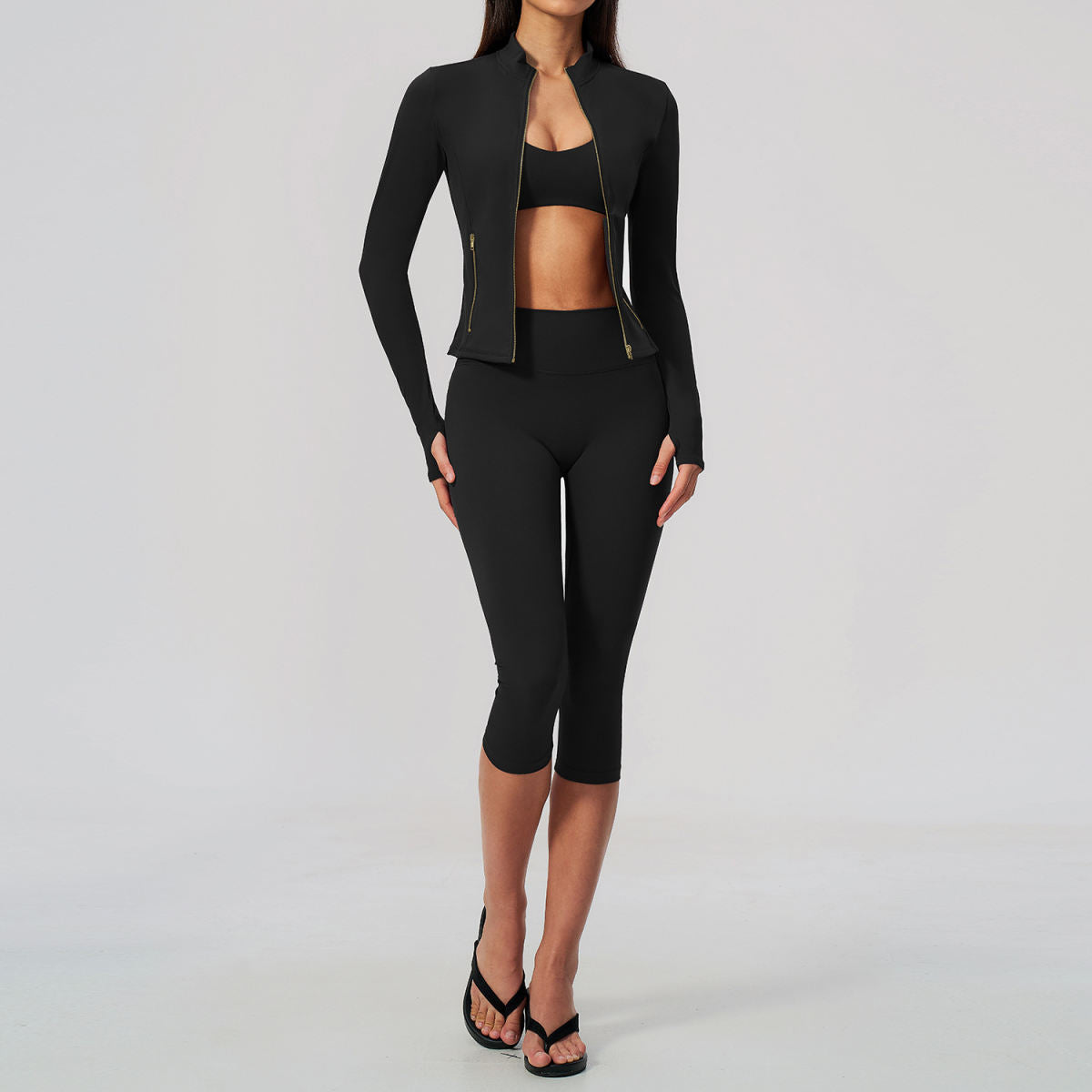 Womens Tight-fitting Waist-cinching Zip-up Slimming Yoga Three-piece Set