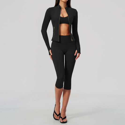 Womens Tight-fitting Waist-cinching Zip-up Slimming Yoga Three-piece Set