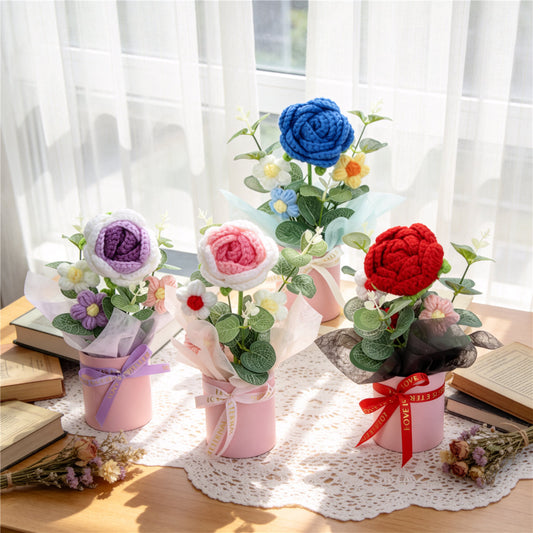 Handmade Crochet Flower Bouquet, Assorted Colorful Roses Mixed With Tiny Daisies, Soft Yarn Everlasting Crochet Floral Bouquet, Indoor Home Tabletop Decorative Ornament