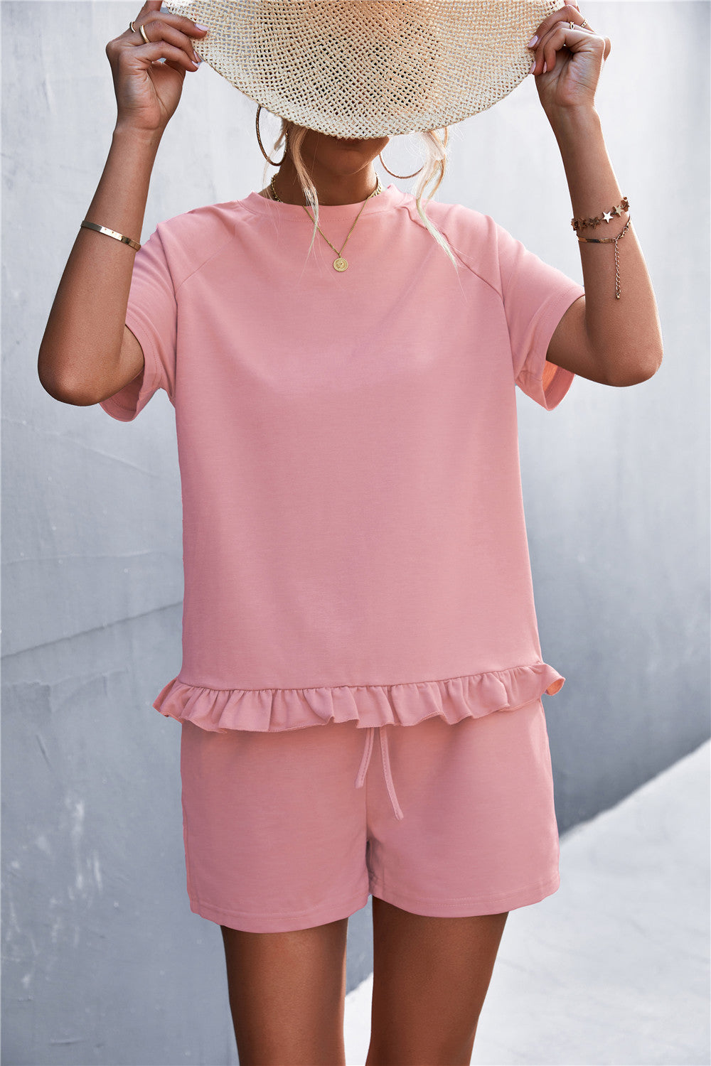 Spring And Summer New Product Best-selling Solid Color Round Neck Ruffled Short Sleeves Shorts Casual Suit
