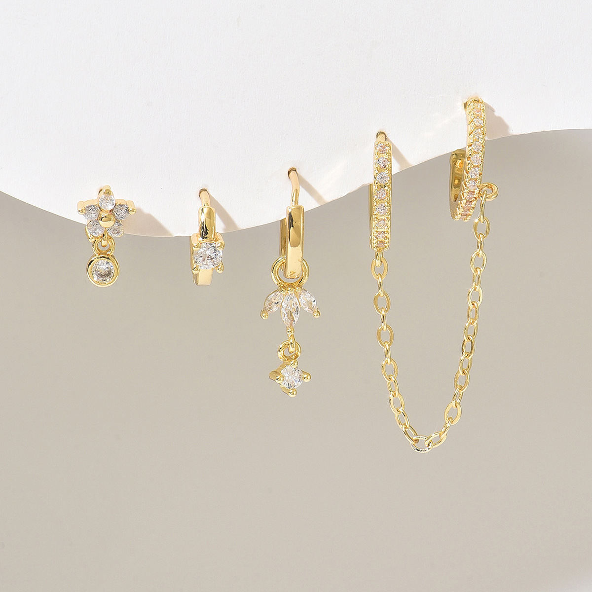 Cross-border Japanese Korean Women Stud Earrings, Light Luxury Geometric Design Inlaid Cubic Zirconia, Stackable Chain Dainty Versatile Ear Jewelry For Ladies