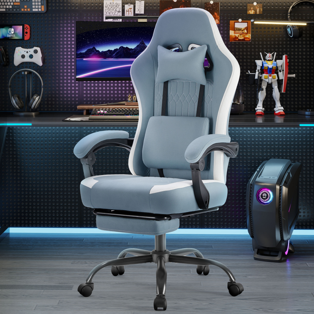 Computer Game Chair - Lumbar Support, Adjustable Height With Armrests And Headrests, 360 Rotating Wheels