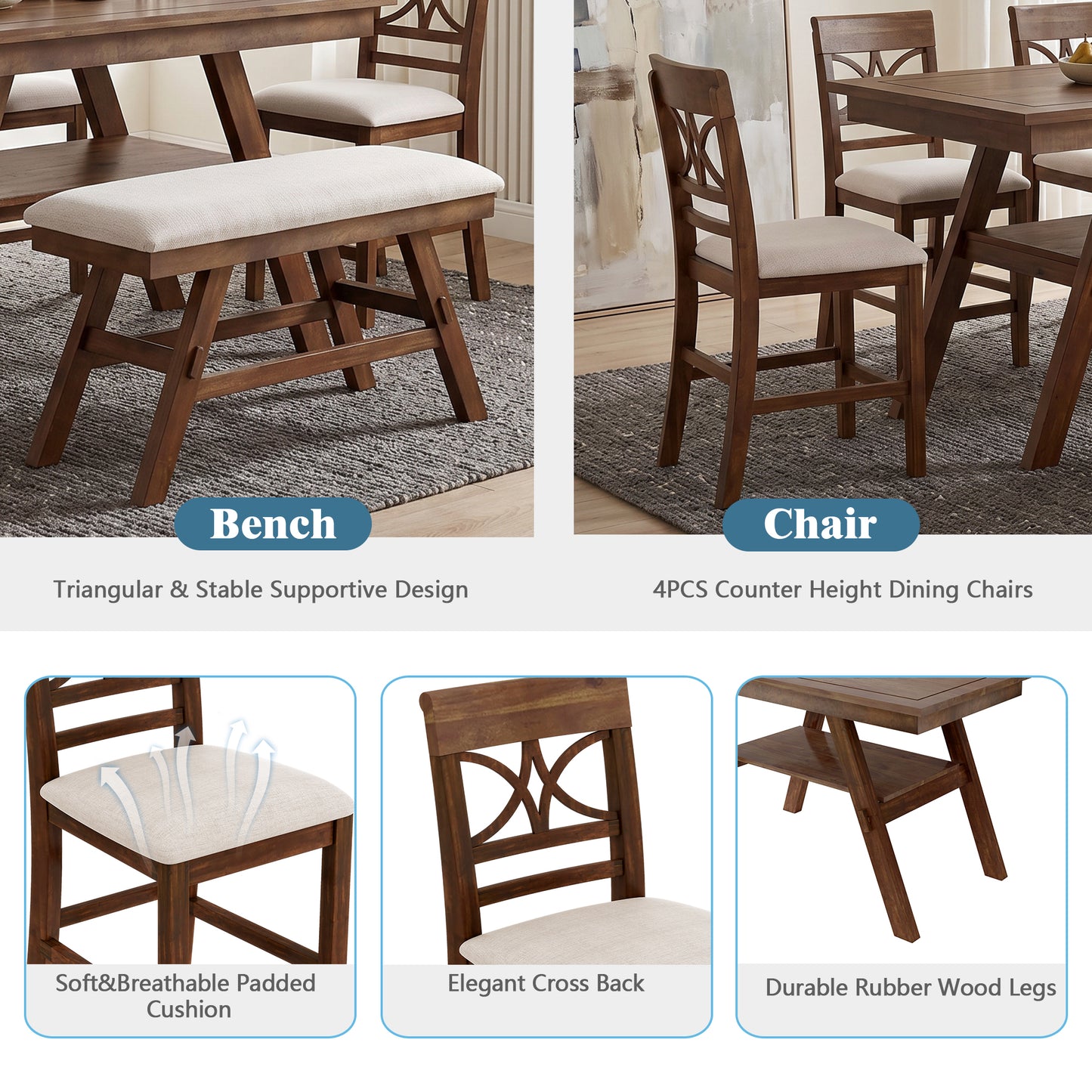 TOPMAX 6-Piece Wood Counter Height Dining Table Set With Storage Shelf, Kitchen Table Set With Bench And 4 Chairs,Rustic Style, Walnut Beige Cushion  Old Sku N717S000257AAD