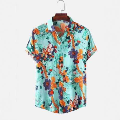 Retro-printed Short-sleeve Lapel-button Fashion Casual Jacket Shirt