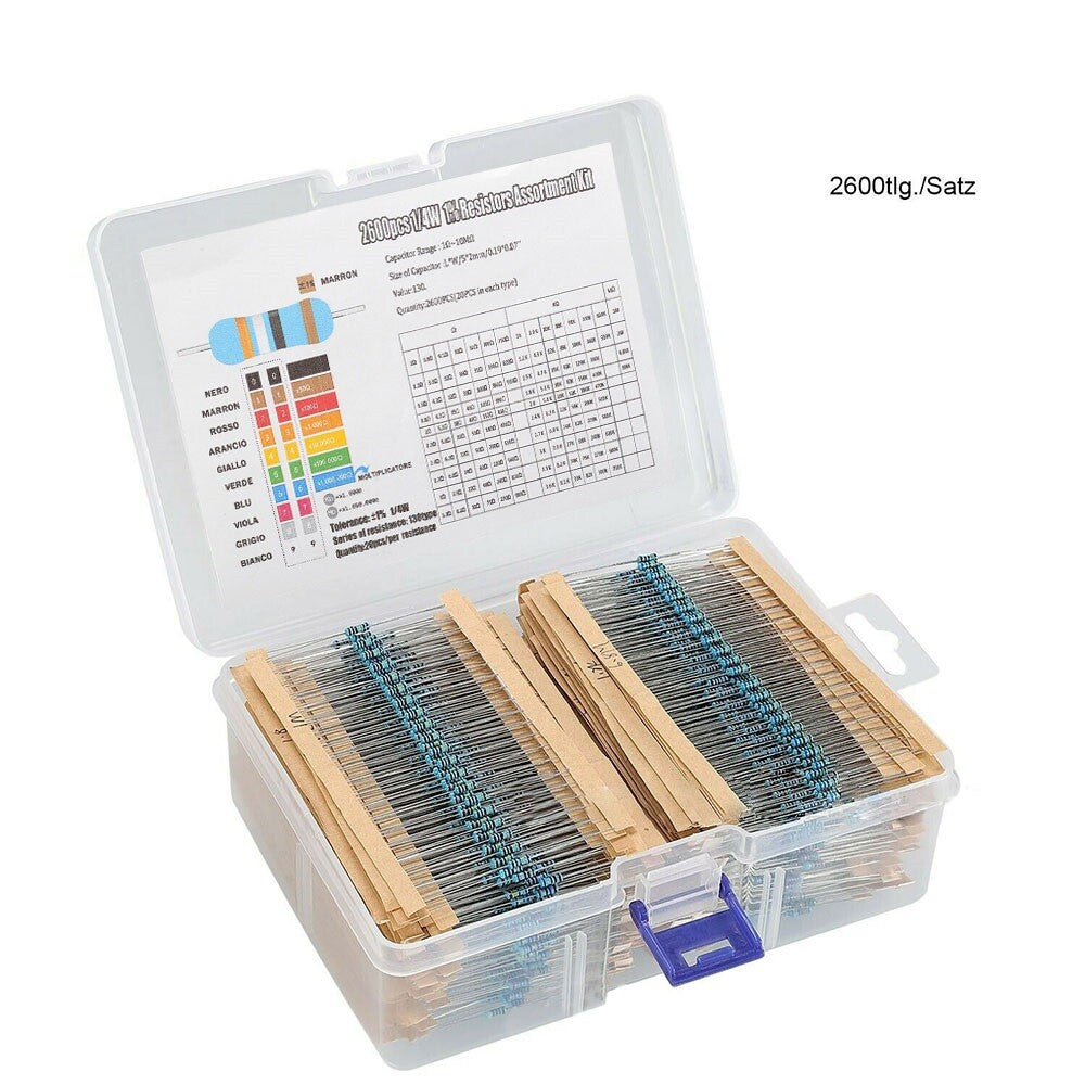 2600pcs 1 Ohm - 10M Ohm 64 Values 1-4W Metal Film Resistors Assortment Kit Tools