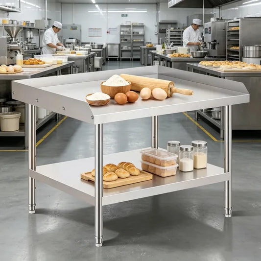 Sleek Metal Work Table With Easy To Clean And Adjustable Shelves For Kitchen