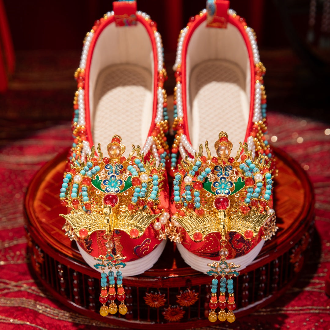 Handmade Original Chinese-Style M Ing Dynasty Wedding Shoes For Women, Red Beaded Xiuhe Bride Shoes, Premium Traditional Chinese Wedding Shoes