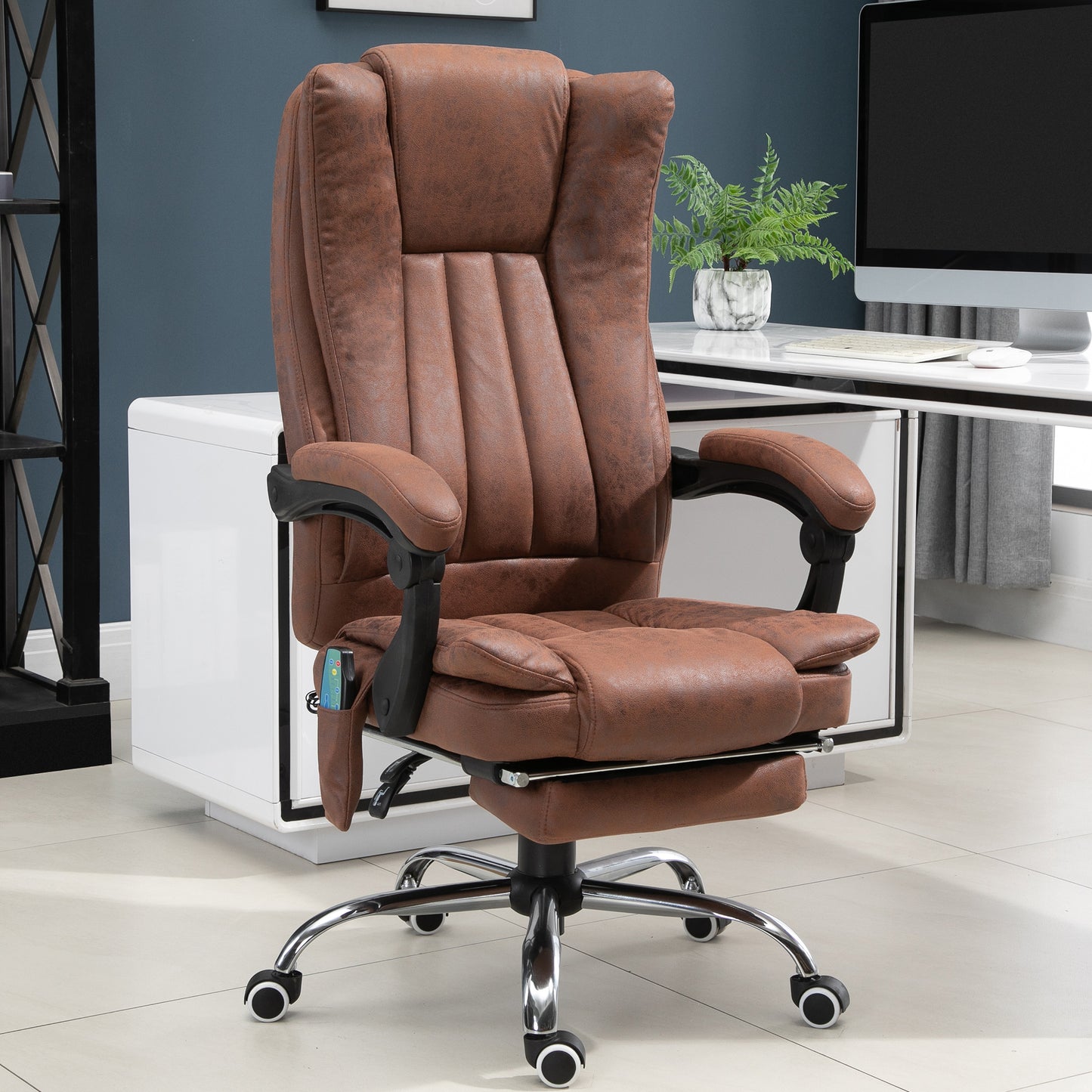 Vinsetto Office Chair With Massage And Heat, Microfibre Reclining Computer Desk Chair With Footrest And Adjustable Height, Swivel Wheels For Home Office, Brown