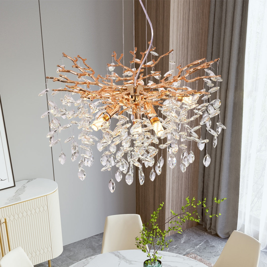 Modern Tree Branch Crystal Chandelier Luxury Gold Crystal Pendant Lighting 23.6in Contemporary 6-Light Chandeliers For Dining Room Kitchen Bedroom Living Room Bulb Is Not Including