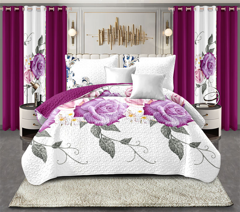 9 Piece Room In A Bag Quilt And Curtain Set, US Designer Deep Magenta Purple Rose Floral Print Heavyweight Bedspread With 6 Customizable Window Panels, Pet-Friendly High GSM Coverlet