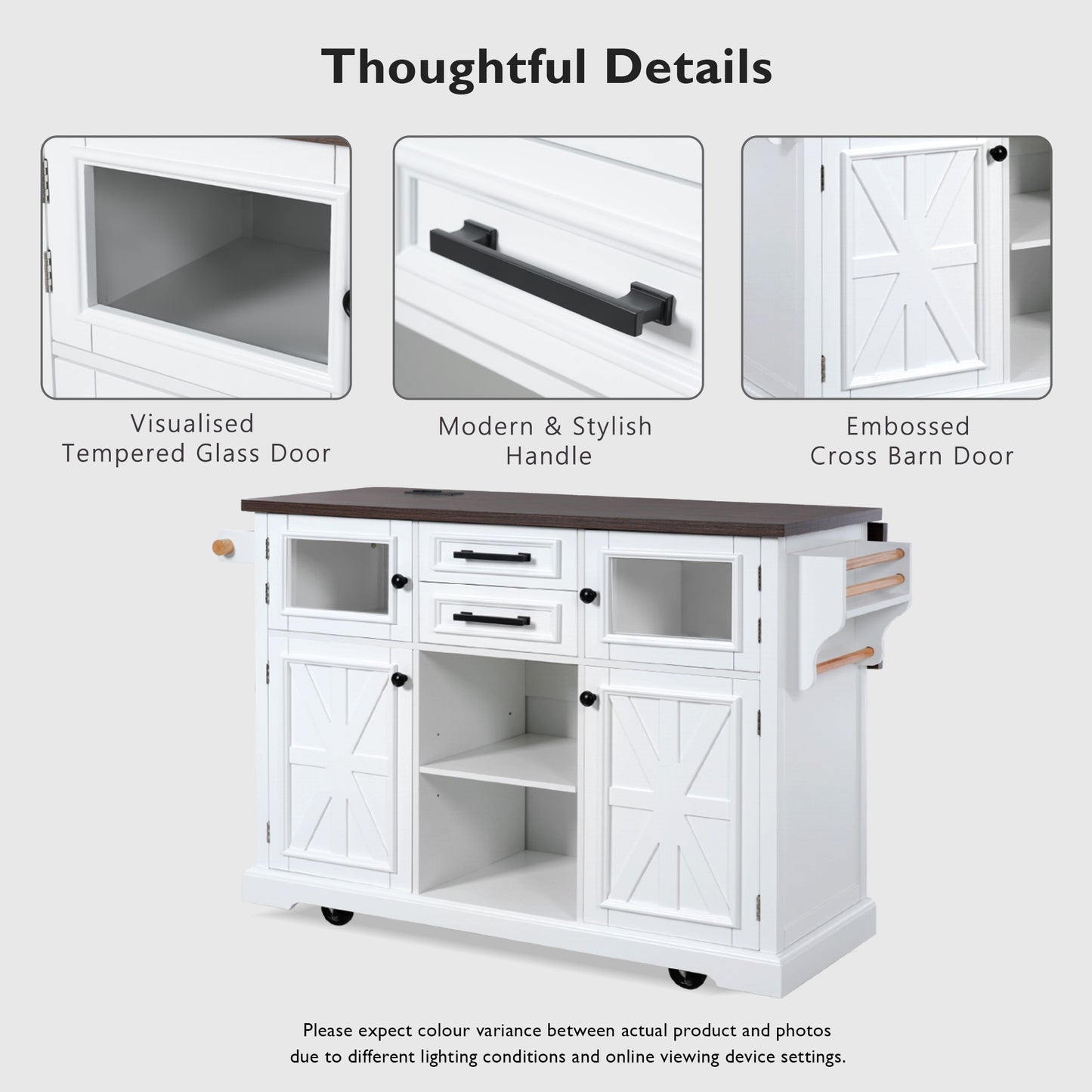 K&K 54.9  Kitchen Island With Drop Leaf, Power Outlet, Kitchen Storage Cart With 4 Door Shelves, Cross Barn Doors & Visual Glass Door, Rolling Kitchen Island On 4 Wheels For Kitchen, Dining Room,White