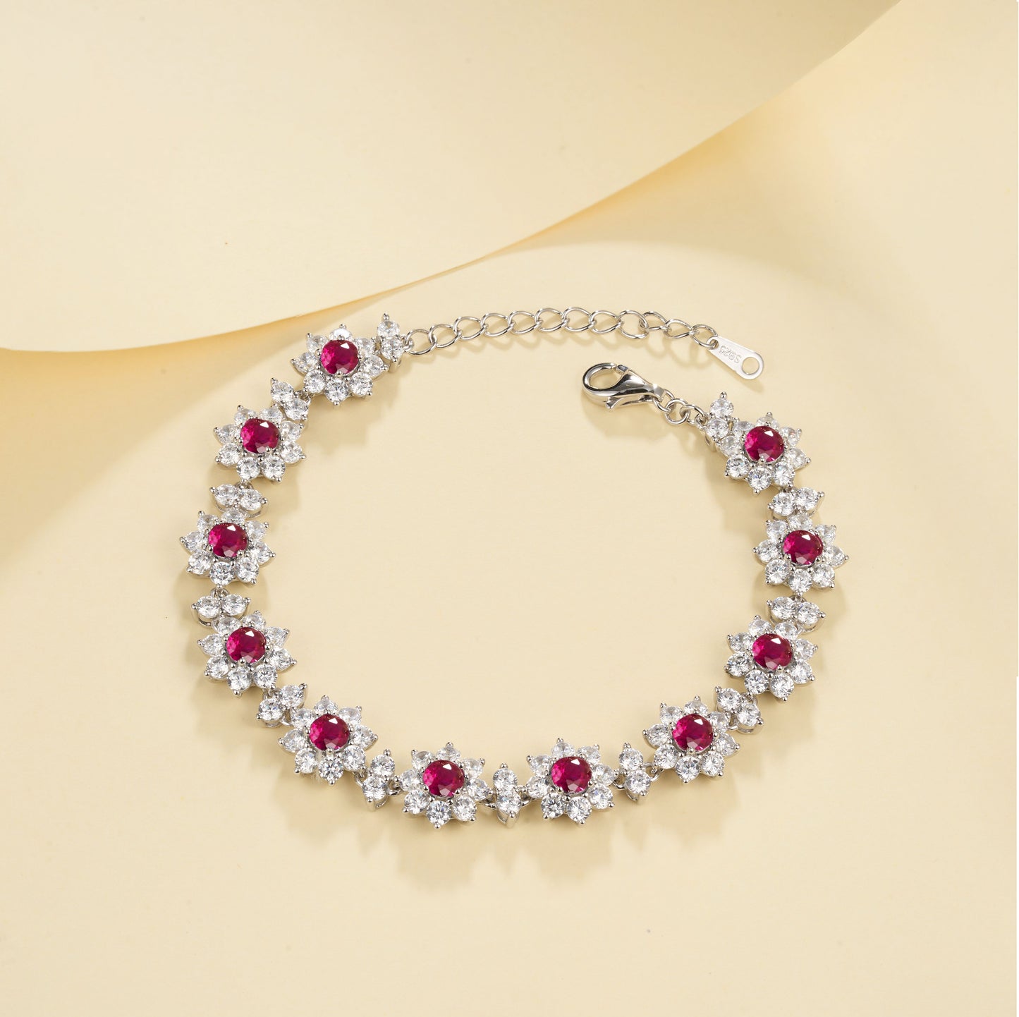 S925 Sterling Silver 4mm Lab-Grown Emerald Ruby Sapphire Bracelet 16cm Vintage Cluster Platinum Plated Gift Box