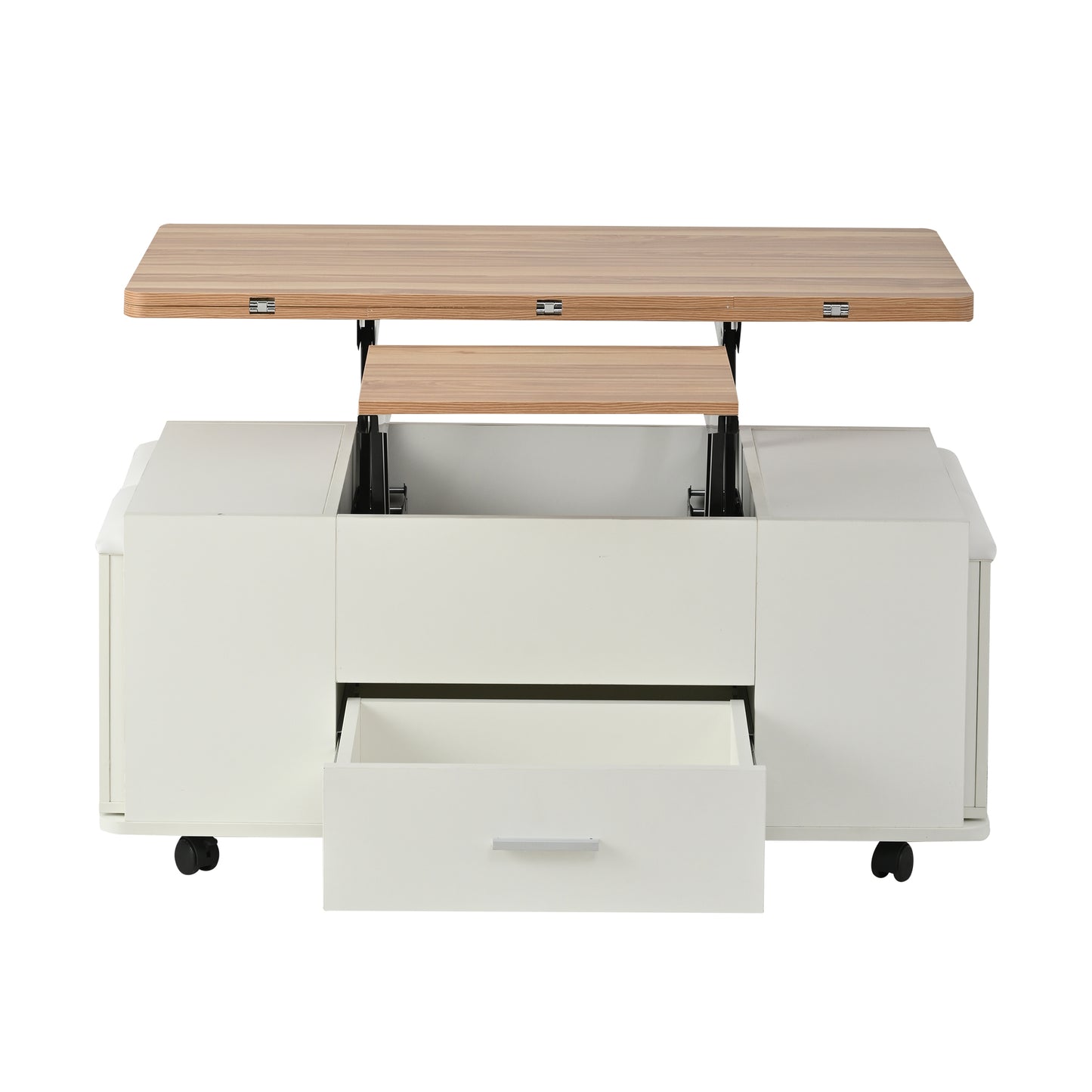 Lift Top Coffee Table With Wheels,  Convertible Dining & Work Table With 4 Stools, Hidden Storage, Extendable Side Table, Space-saving End Table,Tea Table, White  Natural Wood, 100x50x45cm   Folded