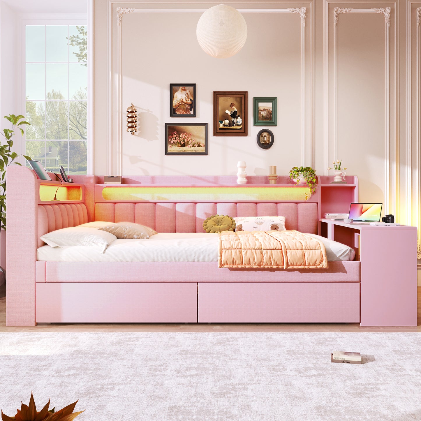 140x200 Padded Daybed With USB Ports And LED Belt, With Desk And 2 Drawers, Pink