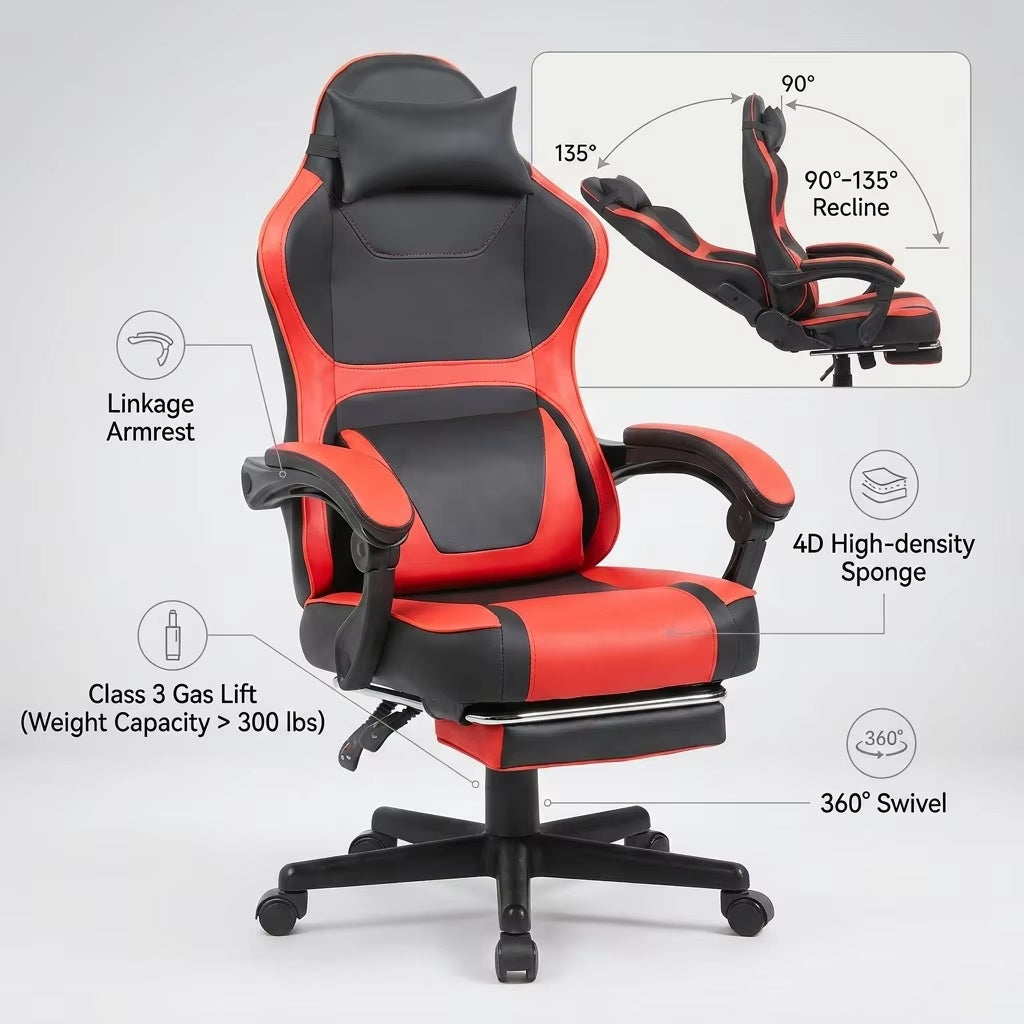 Ergonomic Gaming Chair In Black And Red, Equipped With An Extendable Footrest And A Double Cushion For The Lumbar Area - Ideal For Home Office And Relaxation Breaks