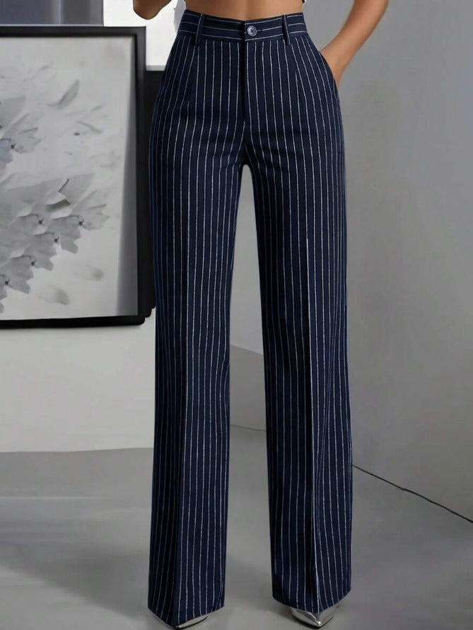 New European And American Style High-Waist Striped Drop-Seat Wide Leg Pants For Women Loose Straight Office Casual Pants