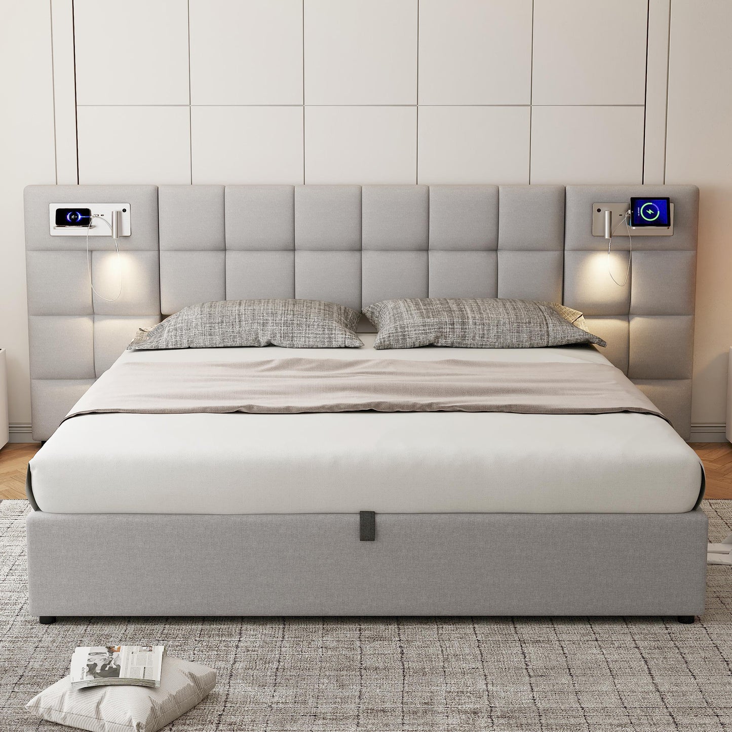 Upholstered Bed 180 X 200 Cm, Hydraulic Bed, With USB Port & Wireless Charging & Illuminated Lamp, With Storage Space, For Adults & Teenagers, Wooden Slat Support, Easy Assembly, Linen, Grey