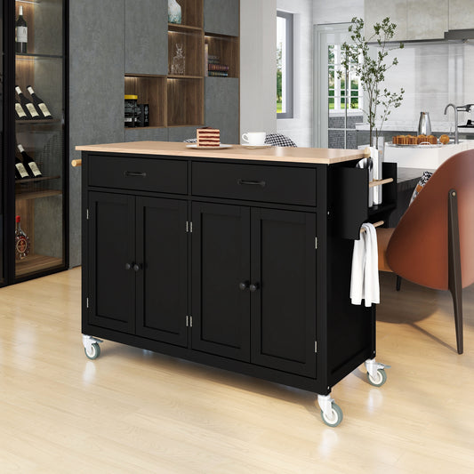 Kitchen Island Cart With Solid Wood Top And Locking Wheels,54.3 Inch Width,4 Door Cabinet And Two Drawers,Spice Rack, Towel Rack  Black
