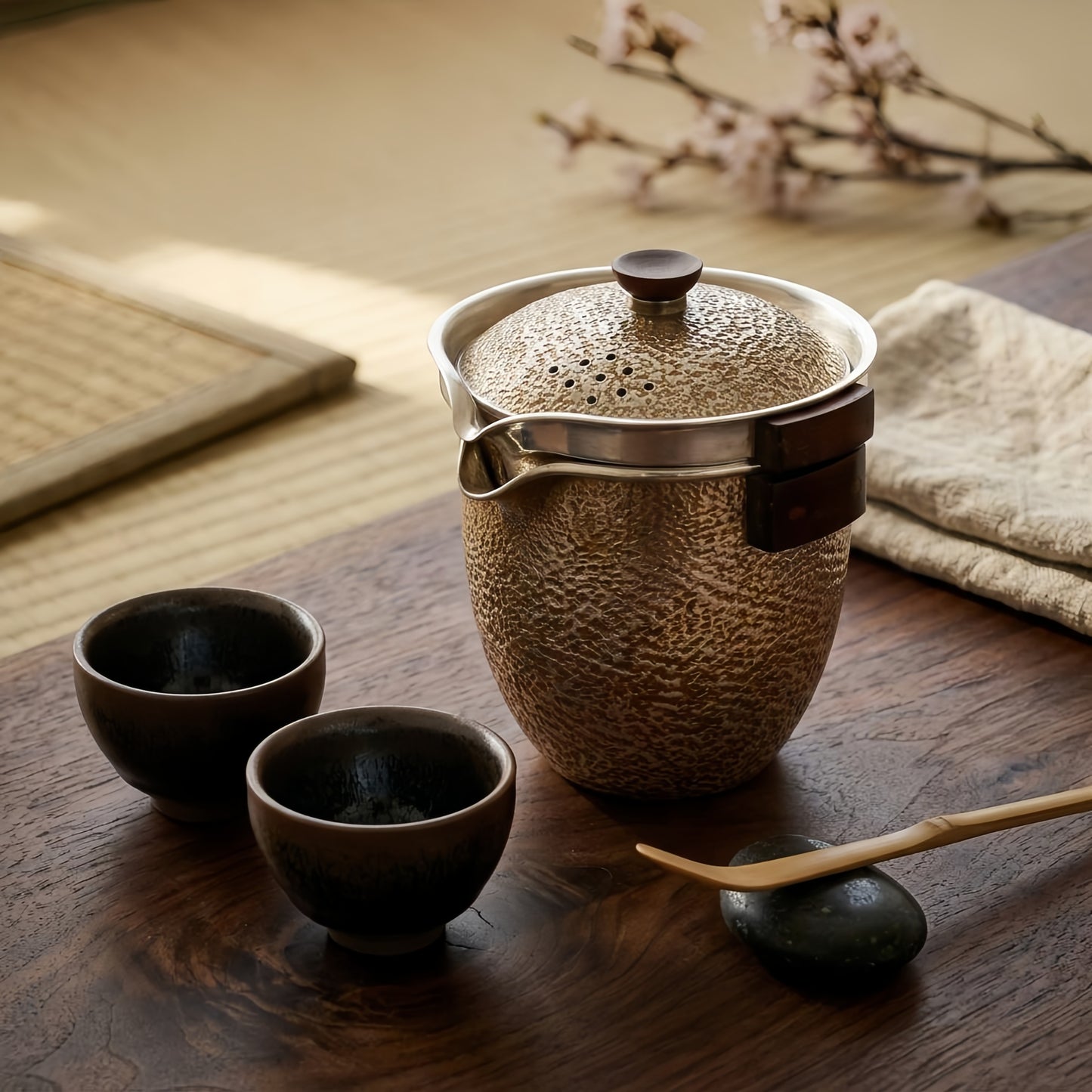 925 Sterling Silver Elegant Handcrafted Metallic Pot with Gold Speckles and Wooden Handles-Fine Tea Dispenser - Handicraft