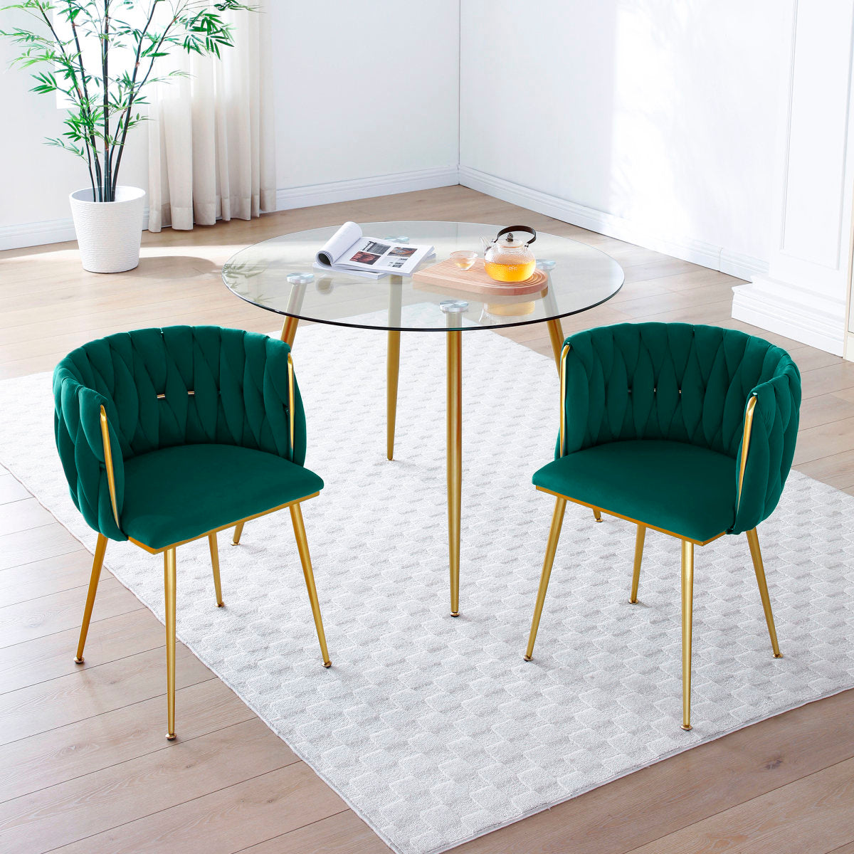 Modern Velvet Dining Chairs Set of 2, Upholstered Woven Dining Chair with Golden Metal Legs, Upholstered Dining Chairs for Dining Room, Kitchen, Vanity, Living Room