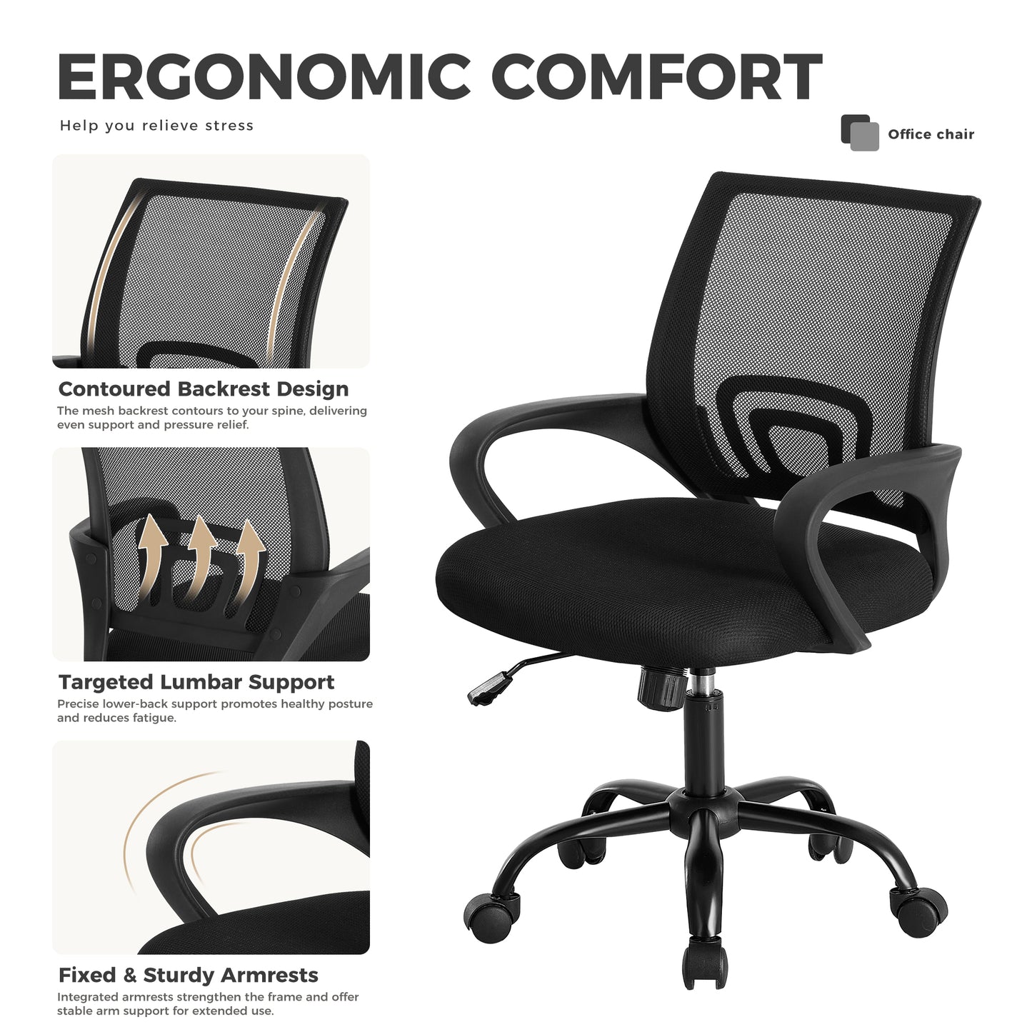 Office Desk And Chair - Equipped With Waist Support And Swivel Mode, Adjustable In Height, With Fixed Armrests, 360  Rotatable, 2 Sets