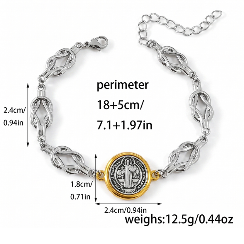 St Benedict Medal Bracelet For Women Men, Stainless Steel Knot Chain San Benito Coin Charm Bracelet, Religious Protection Jewelry Gift