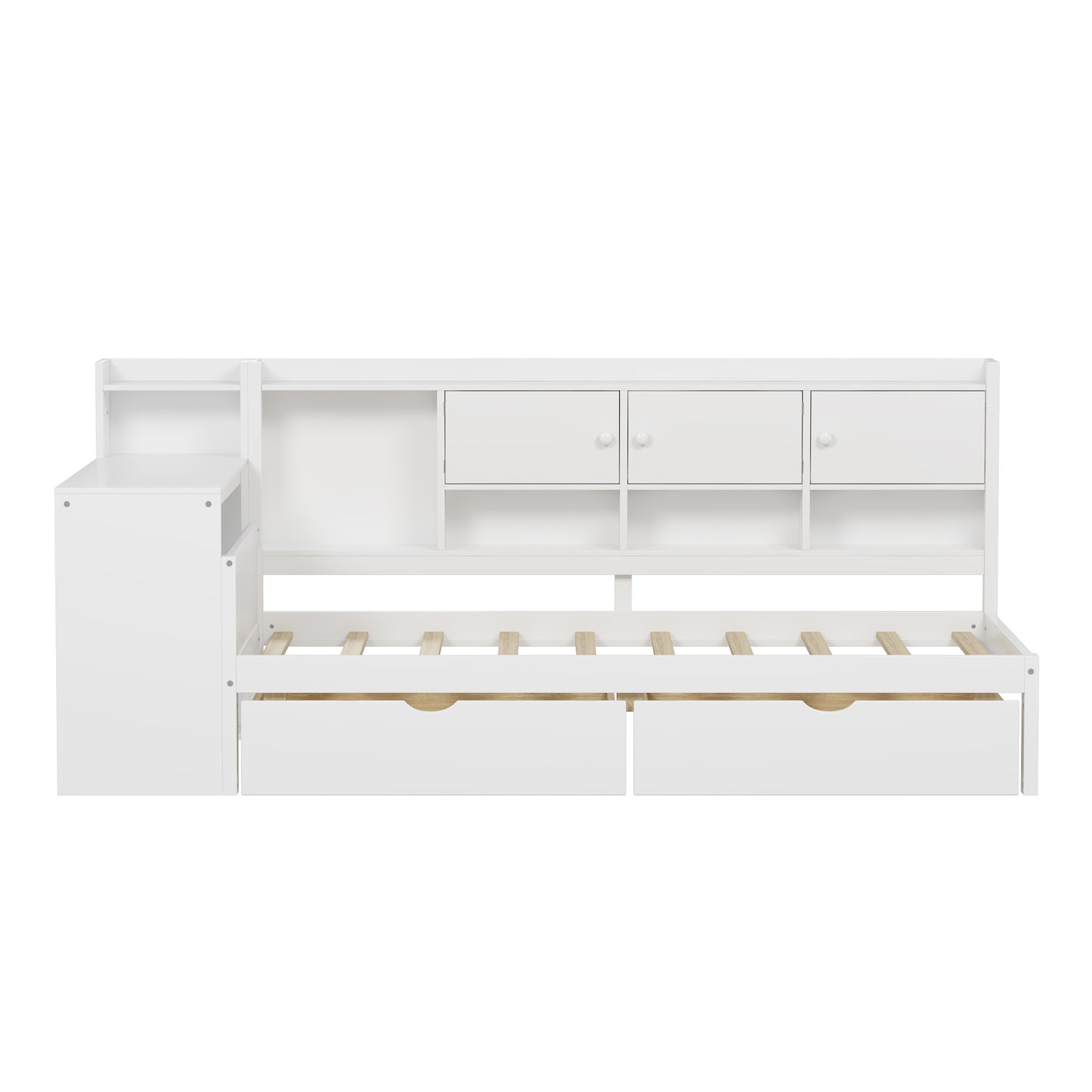Wooden L-Shape Daybed With Seven Storage Cabinets And Two Storage Drawers, Multi-functional Bed With Study Desk And Built-in Bookshelf, White