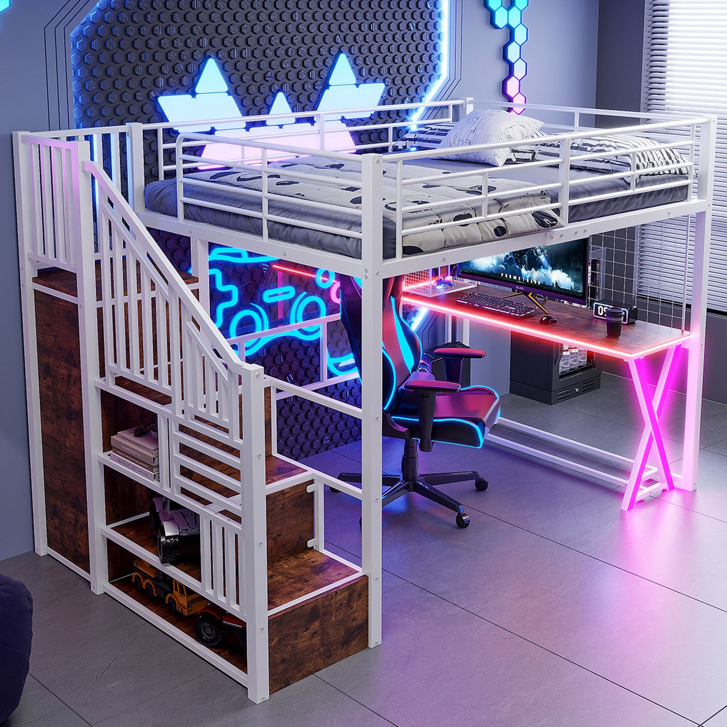 Loft Bed, 140x200cm, With LED Lights, Storage Ladder, Desk, Wardrobe, Shelves, Without Mattress, White