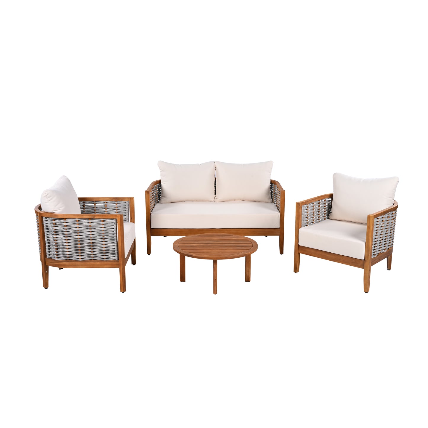 Outdoor Unique Tub Design 4-Seat Sofa Set With Woven Rope, 4 Pieces Acacia Wood Patio Furniture Set, Deep Seating With Soft Cushions For Porch, Garden, Backyard, Balcony, Teak Finish & Beige Cushion