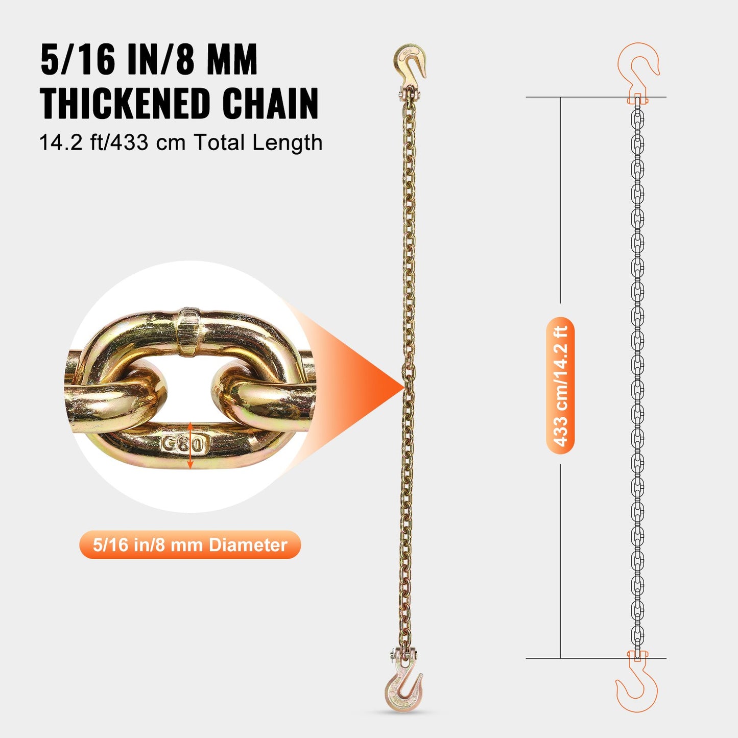 G80 Transport Binder Chain, 5/16" X 14.2' Tow Chain With Clevis Grab Hooks, 4900 Lbs Safe Working Load, Heavy Duty Trailer Logging Chain For Transporting Towing Truck Tie Down Binding Equipment