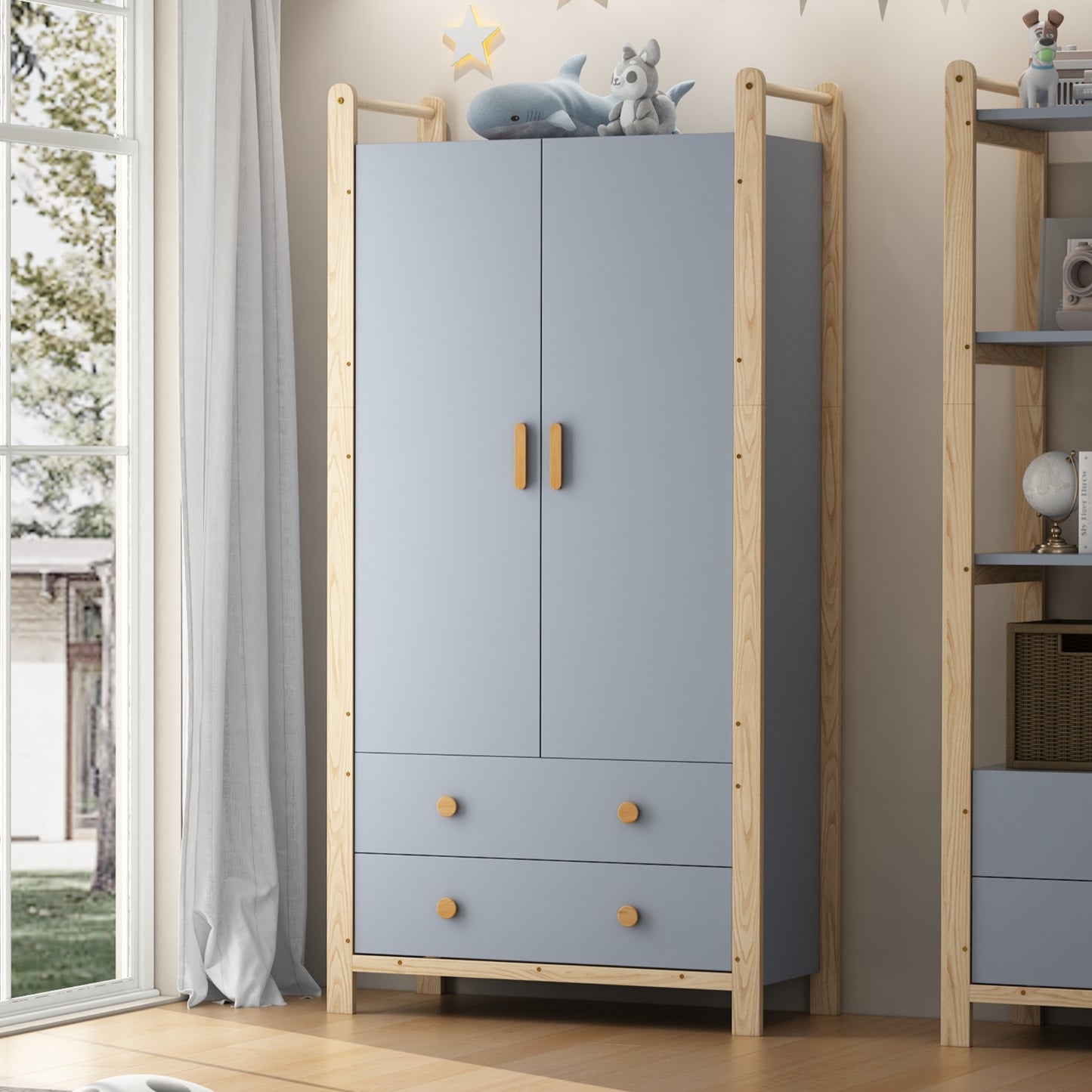 2-door Wardrobe, Wardrobe With Clothes Rail, 2 Drawers, Suitable For Bedroom, Living Room, Hallway Wardrobe, Made Of Chipboard, Blue Body  Pine Frame, 90X45X180cm