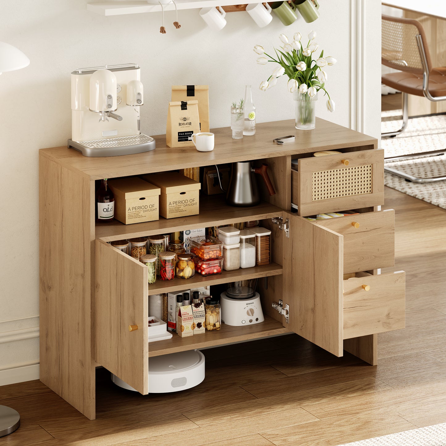 Sideboard, Kitchen Cabinet, Living Room With 2 Doors And 3 Drawers, Drawer Cabinet With Rattan & Gold Handles, Buffet Cabinet Chest Of Drawers For Kitchen, Wood Color, 105 X 40 X 76 Cm
