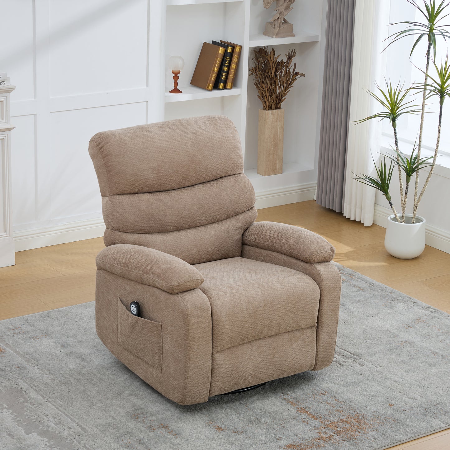 Electric 360 Swivel Recliner With Massage And Heat Function, Manually Adjustable Backrest And Footrest, And Side Storage Pockets. Taupe