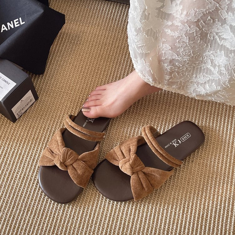 Flat Bottomed Slippers For Women's Summer, New Bow Tie, One Line Drag, Fashionable And Versatile, Soft Bottom, Comfortable Beach Slippers For Outdoor Wear